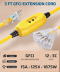 3 Ft Automatic GFCI Outdoor Extension Cord 12 Gauge 3 Conductor Heavy Duty Power Cable With LED Lighted 3 Prong Plug Yellow UL Listed