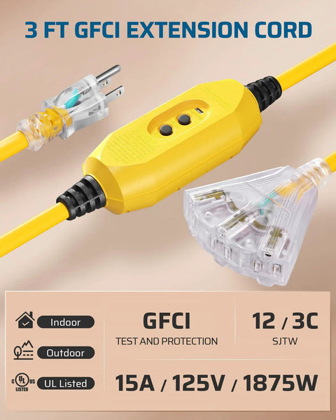 3 Ft Automatic GFCI Outdoor Extension Cord 12 Gauge 3 Conductor Heavy Duty Power Cable With LED Lighted 3 Prong Plug Yellow UL Listed