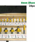 Professional 24 Piece Router Bit Set With 8Mm Shank And Carbide Tips for detailed woodworking in wooden case.