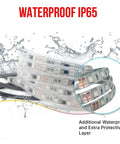 Close-up of Rainbow RGB LED Strip Lights Kit 32.8ft 12V Waterproof Neon Pixel with water splash showing waterproof feature