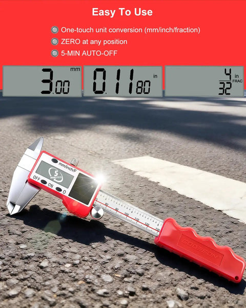 Solar Powered Digital Caliper 6 Inch, 0.001 Inch Precision, red handle, measuring on pavement, inch mm fraction readouts visible