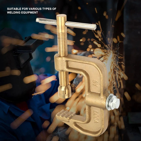 Top Notch 500A Brass Ground Welding Earth Clamp With Heavy Duty G Shape Design, showing brass construction and screw lever.
