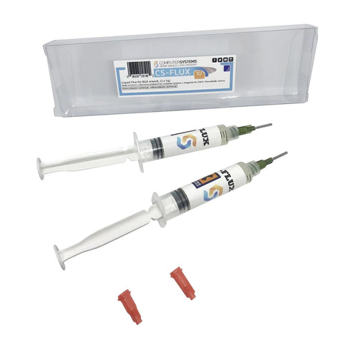Two syringes of low viscosity halogen free liquid flux for BGA rework reballing and reflow with packaging and caps visible