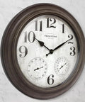 26 Inch Indoor And Outdoor Farmhouse Clock With Thermometer And Hygrometer All In One Weather Station Wall Art And Timepiece For Home Decor In Grey Oak Finish UV Resistant front view