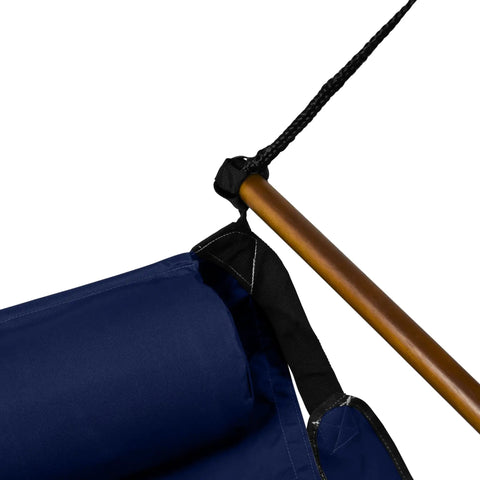 Close-up view of blue hanging hammock chair with wooden dowels, 350 lb capacity, showing pillow and rope attachment.