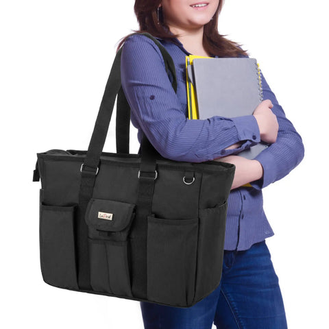 Boss Teacher Bag With Bottom Padded Pad And Foldable Cushion, Large Work Tote With Laptop Compartment, shown with person carrying notebooks
