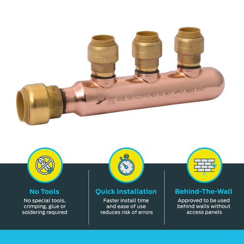 Three Quarter Inch To One Half Inch Outlet Three Port Closed Multi Port Tee Push To Connect Brass Plumbing Fittings For PEX Copper CPVC