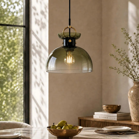 Tribesigns 11" Modern Pendant Lighting with Gradient Green Glass Shade hanging over table with gold bowl and fruit.