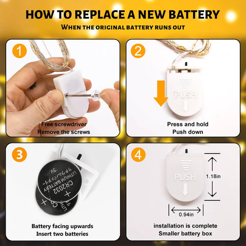 Instructions for replacing battery in Six Pack Battery Operated Fairy Lights With 7 Foot Copper Wire And 20 LEDs Per String