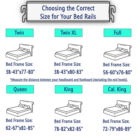 Choosing the Correct Size for Your Bed Rails with dimensions for Twin to Cal King beds in an informative chart.