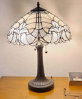 Tiffany Style Table Lamp With Floral Banker Design, Stained Glass White And Gray, Vintage Elegant Nightstand Lamp, 23 Inches Tall