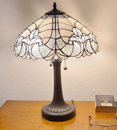 Tiffany Style Table Lamp With Floral Banker Design, Stained Glass White And Gray, Vintage Elegant Nightstand Lamp, 23 Inches Tall