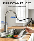 Rock Solid Kitchen Faucet With Smooth Pull Down Sprayer In Clean Brushed Nickel Finish Built Tough Lead Free Stainless Steel Workhouse Zero Drip Flow for an extended reach in a modern sink.