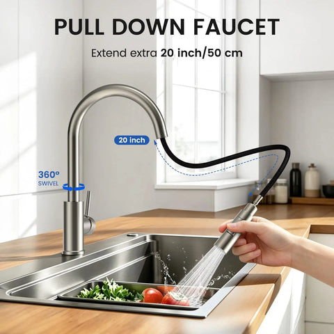Rock Solid Kitchen Faucet With Smooth Pull Down Sprayer In Clean Brushed Nickel Finish Built Tough Lead Free Stainless Steel Workhouse Zero Drip Flow for an extended reach in a modern sink.