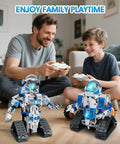 Father and son playing with 6 In 1 STEM Robot Building Kit With 780 Pieces, App And Remote Control Space Robot Toys For Kids Ages 8 To 14