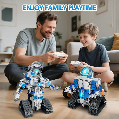 Father and son playing with 6 In 1 STEM Robot Building Kit With 780 Pieces, App And Remote Control Space Robot Toys For Kids Ages 8 To 14