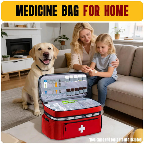 Two Layer First Aid Bag For Outdoor Travel And Home Use Must Have Portable Medical Kit Organizer with compartments open on table.