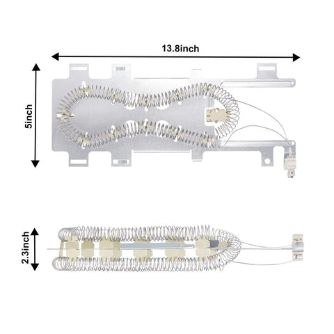 Dryer Heating Element Replacement Kit 8544771 With Thermostat And Dual Thermal Fuses for Maytag Kenmore, dimensions shown