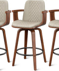Swivel Bar Stools Set Of 3 26 Inch Counter Height With Wood Legs And Backs Plush PU Leather Upholstery Bentwood Frame Armrests