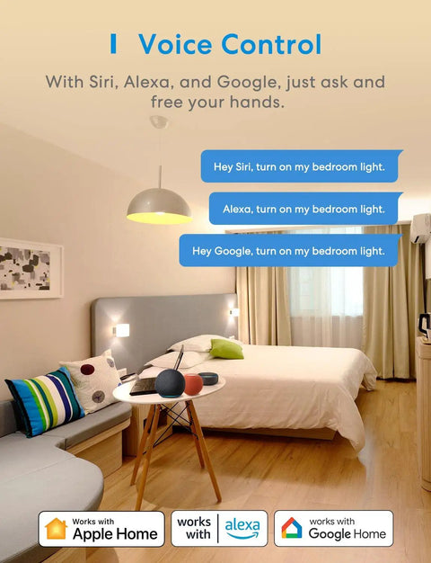 Bedroom showcasing 3 Way Smart Dimmer Switch Kit For HomeKit, Siri, Alexa, Google Assistant with voice control examples.