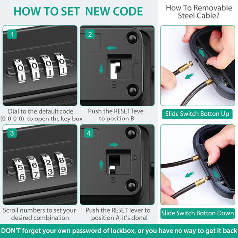 Portable Safe Box With 4 Digit Combination Lock Travel Security Case instructions for setting code and cable removal