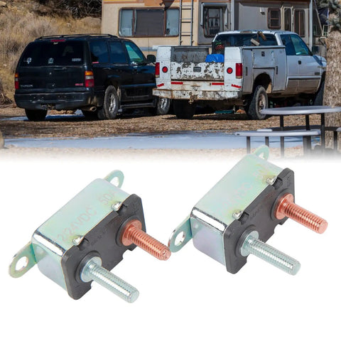 Built Tough Auto Reset Circuit Breaker 50 Amp 12V 24V Stud Bolt Mount For Trucks Boats And Marine Systems with two units in focus.