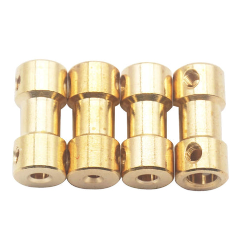 Close-up of brass motor shaft couplings (2mm–2mm) for RC hobby devices