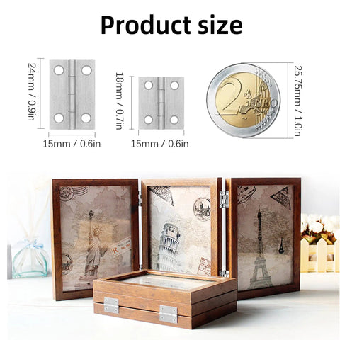 Rock Solid 70 Pcs Mini Hinge Set With 300 Tiny Screws Includes Both 24 X 16 Mm And 18 X 15 Mm Sizes showing size comparison with wood box