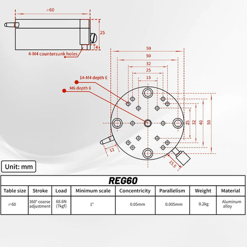 Technical diagram of REG60 R Axis Rotary Sliding Table 360 Degree Manual Rotation Stage For Precision Positioning, 60mm diameter, aluminum