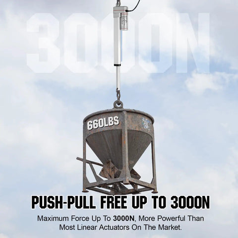 Heavy Duty 3000N Linear Actuator lifting 660 lbs weight, showcasing strength for industrial applications.