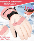 Women's Waterproof Windproof Ski Gloves With 3M Thinsulate Insulation, Touchscreen Ready Snow Gloves For Skiing Snowboarding Hiking Outdoor Work, Pink Small, showing waterproof breathable fabric and droplets.