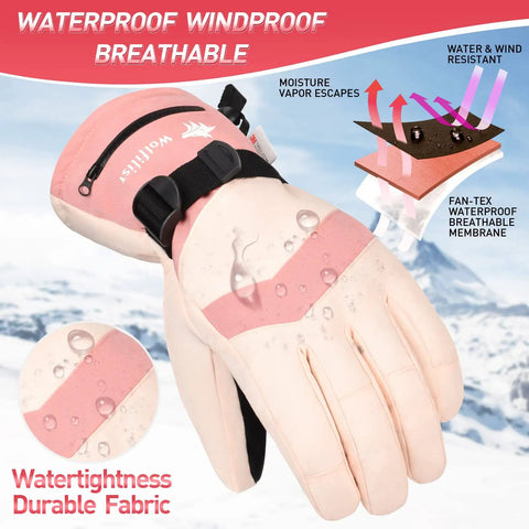 Women's Waterproof Windproof Ski Gloves With 3M Thinsulate Insulation, Touchscreen Ready Snow Gloves For Skiing Snowboarding Hiking Outdoor Work, Pink Small, showing waterproof breathable fabric and droplets.