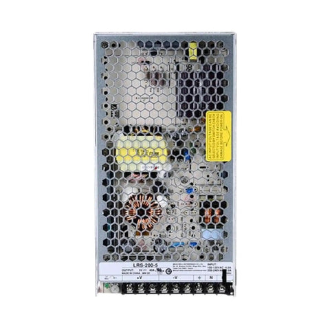Front view of Rock Solid 200W 5V 40A Enclosed AC-DC Power Supply With Single Output for Industrial Use, fanless metal case
