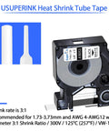 Heavy Duty Heat Shrink Label Tape For Cable Marking And Wire Identification 3/8 Inch Wide Five Foot Roll Black Print On White Base in dispenser.