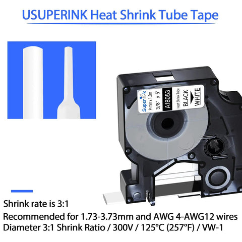 Heavy Duty Heat Shrink Label Tape For Cable Marking And Wire Identification 3/8 Inch Wide Five Foot Roll Black Print On White Base in dispenser.