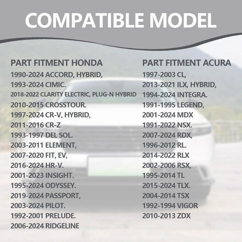 Car model compatibility chart for Honda Acura models with a blurred vehicle in the background.