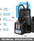 Automatic Submersible Sump Pump One Third HP 2400 GPH Portable Water Removal Transfer Pump With Sixteen Point Four Ft Cord shown with technical specifications