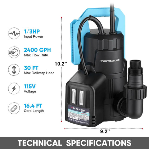 Automatic Submersible Sump Pump One Third HP 2400 GPH Portable Water Removal Transfer Pump With Sixteen Point Four Ft Cord shown with technical specifications