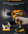 Person using 20V Cordless Drill Set With 300 Inch Pound Torque, LED light in dark space, keyless chuck visible, for DIY projects