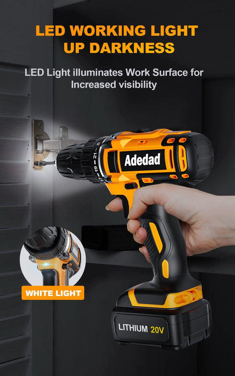 Person using 20V Cordless Drill Set With 300 Inch Pound Torque, LED light in dark space, keyless chuck visible, for DIY projects