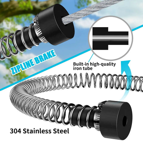 Backyard Zip Line Kit For Kids And Adults 100 Ft 120 Ft 150 Ft Or 200 Ft Lengths, quick tighten tension system, spring brake