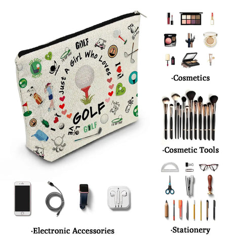 Golf Makeup Bag For Women Gift Durable Organizer Pouch With Zipper Golf Themed Toiletry Bag For Travel Ladies Golf Lover Gift Player And Team Fan Accessory Perfect Bag For Gear And Glam with golf-themed designs and various contents.