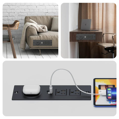 Recessed Power Strip With USB Ports And 10W Wireless Charging Station for desk or table, showing dual outlets and USB ports, installed.