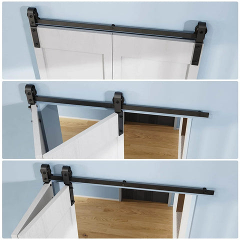 2.5Ft Bi Folding Sliding Barn Door Hardware Track Kit For Two Doors, Black Roller Kit With J Shape Track, No Door Included