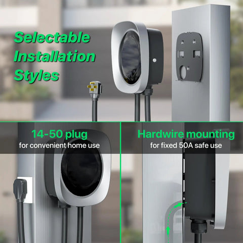 Tesla Level 2 50A EV Charger With NACS Connector showing 14-50 plug and hardwire mounting options