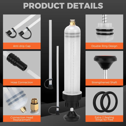 200cc Fluid Extractor Syringe Oil Pump With 23 Inch Flexible Hose and various parts displayed
