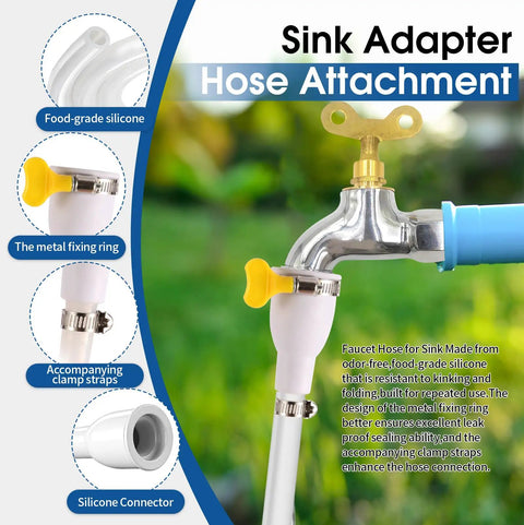 No Sweat Faucet Hose Adapter With Adjustable Ring For Kitchen Sink And Garden Spraying Heavy Duty Reinforced Tube Universal Quick Attach, silicone connector and metal fixing ring.