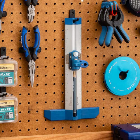 9 Inch Quick Draw Marking Gauge for one hand operation with spring loaded pencil carriage and dovetail keyway, aluminum ruler hanging on pegboard