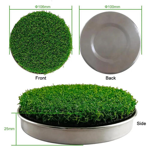 2 Pack Golf Hole Cup Covers for Backyard Putting Green With Metal Base, front, back, and side view, artificial grass, 106 mm, 100 mm