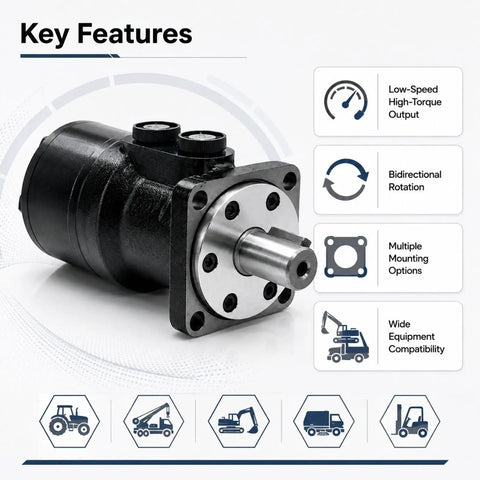 Low Speed High Torque Orbital Hydraulic Motor With Bidirectional Drive For Reversible Rotation In Hydraulic Systems And Industrial Equipment, Beefy Durable Powerhouse Built For Precise Slow Spin And Heavy Lifting. Black metal hydraulic motor with flange shaft, mounted for equipment use.